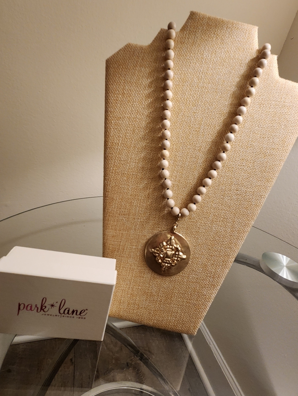 Park Lane Cream Beaded Necklace with Gold Medallion Pendant